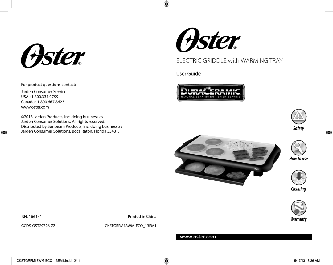 Oster Electric Griddle with Warming Tray warranty ELECTRIC GRIDDLE with WARMING TRAY, User Guide, 5/17/13 836 AM 