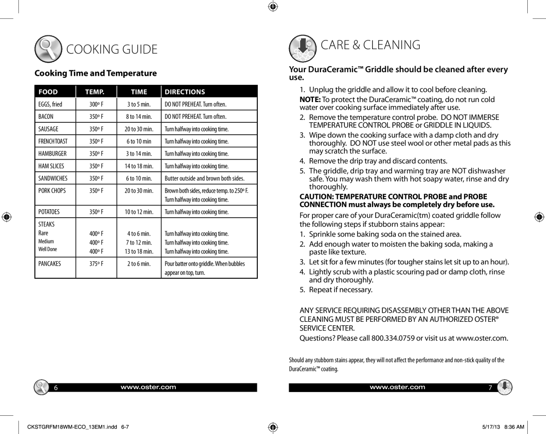 Oster GCDS-OST29726-ZZ warranty Care & Cleaning, Your DuraCeramic Griddle should be cleaned after every use, Cooking Guide 