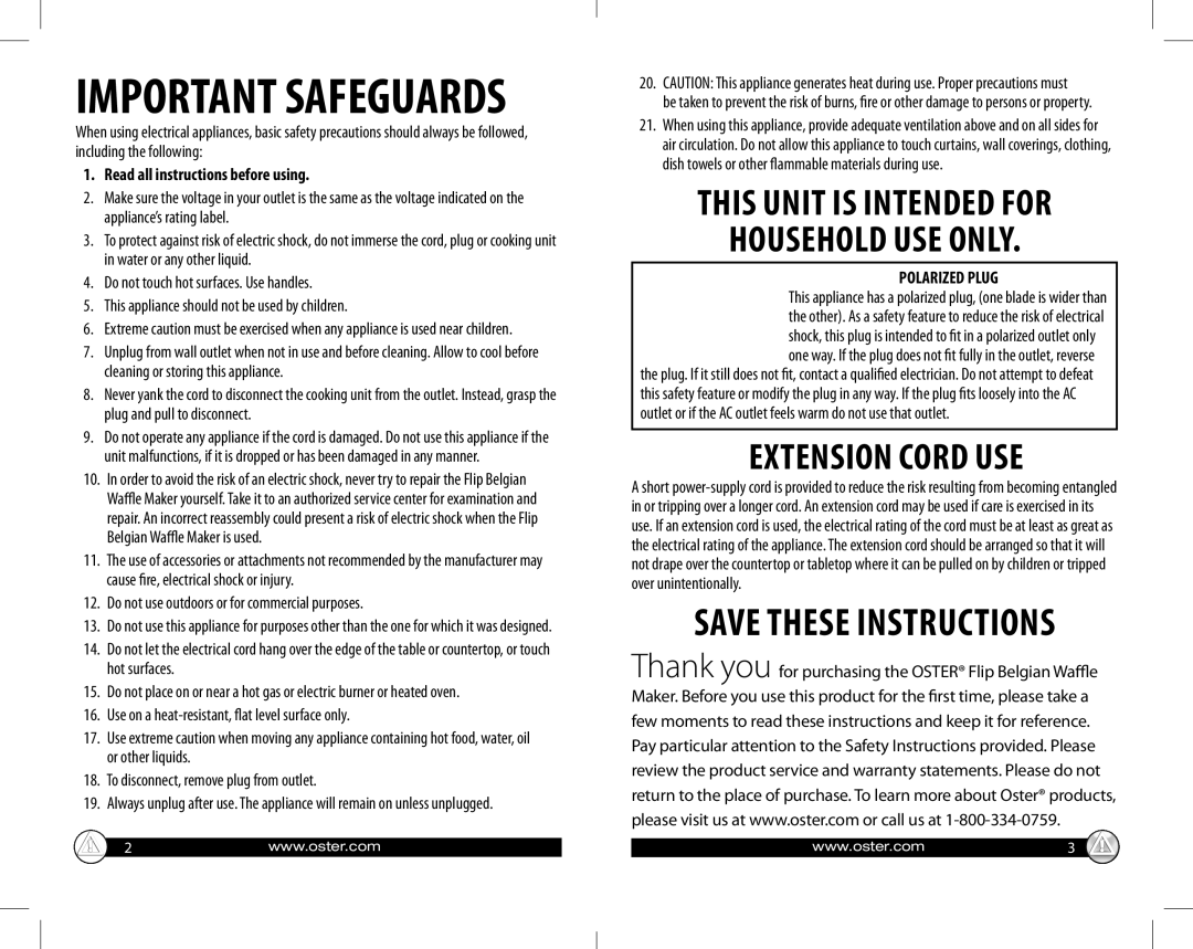 Oster GCDS-OST29790-SZ warranty Important Safeguards, Read all instructions before using 