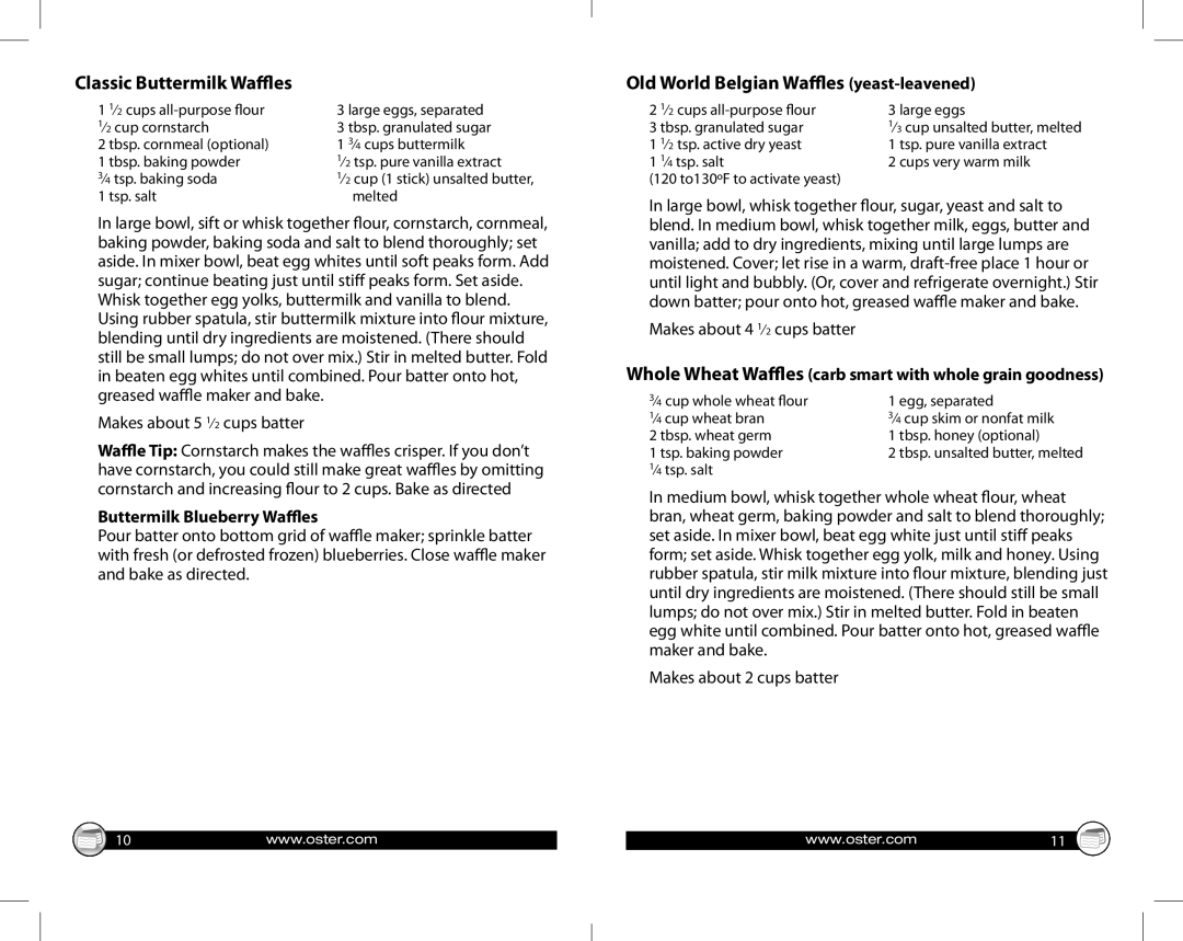 Oster GCDS-OST29790-SZ Classic Buttermilk Waffles, Old World Belgian Waffles yeast-leavened, Buttermilk Blueberry Waffles 