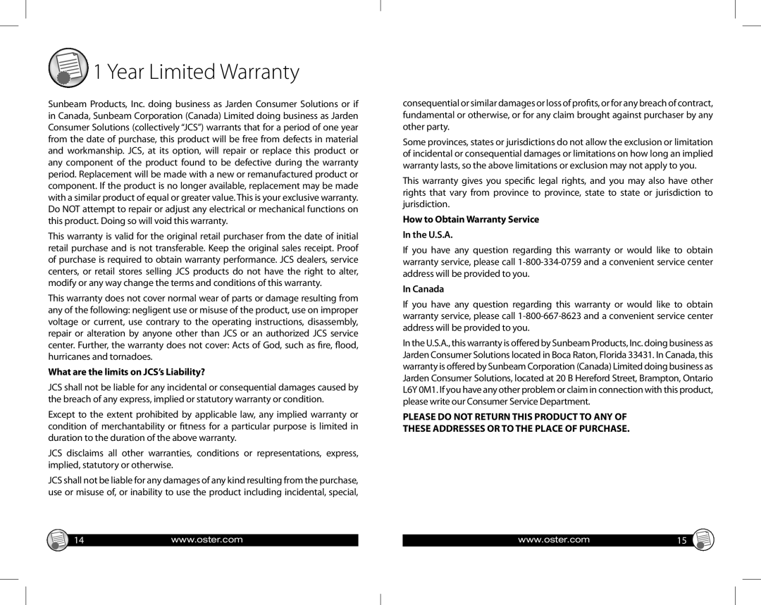 Oster GCDS-OST29790-SZ warranty Year Limited Warranty 