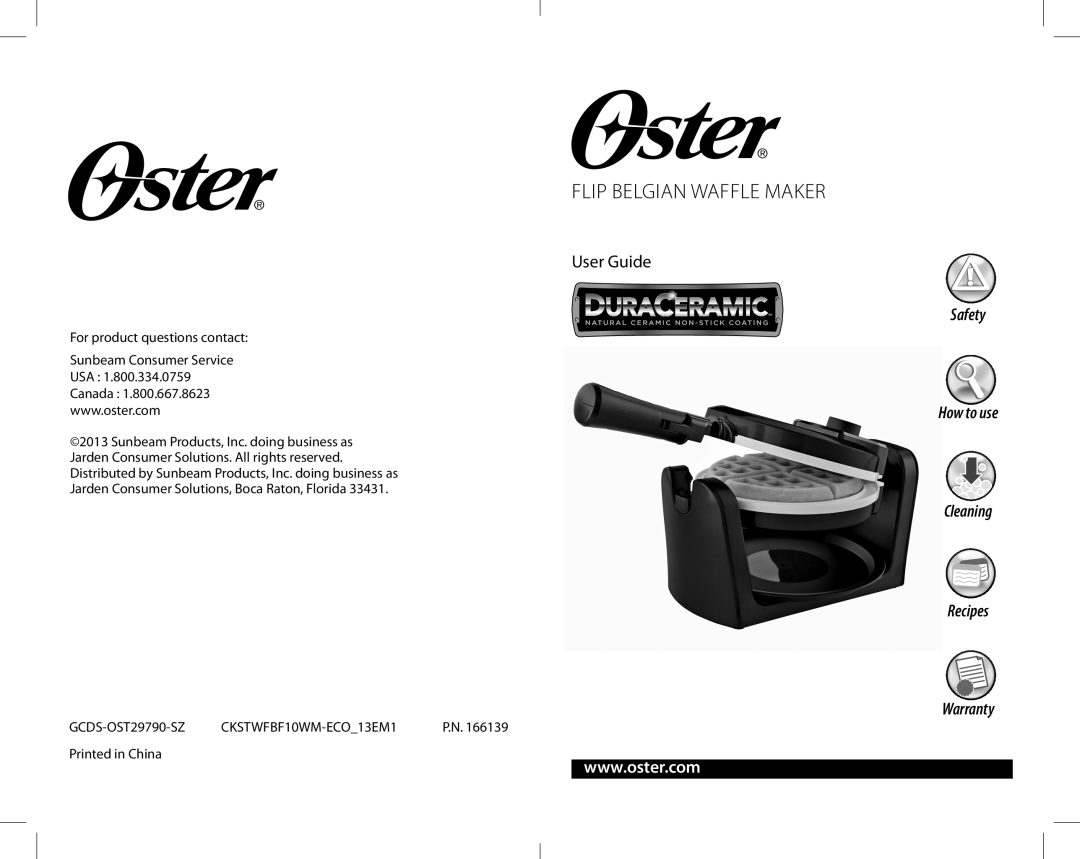Oster GCDS-OST29790-SZ warranty Flip Belgian Waffle Maker, User Guide, Recipes Warranty 