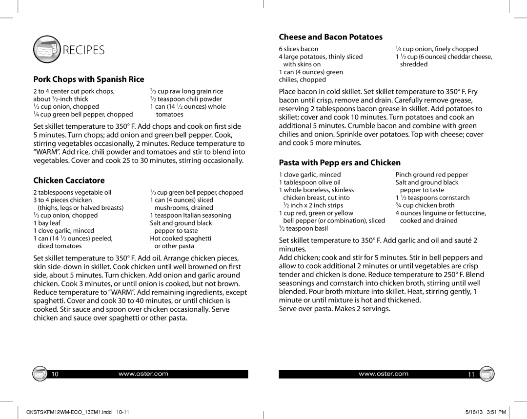 Oster GCDS-OST29810-JC warranty Recipes, Pork Chops with Spanish Rice, Chicken Cacciatore, Cheese and Bacon Potatoes 