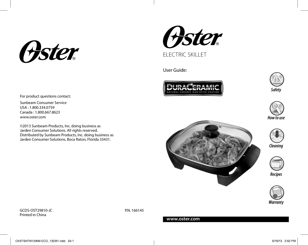 Oster DuraCeramic Electric Skillet warranty User Guide, Safety How to use Cleaning Recipes Warranty, 5/16/13 350 PM 