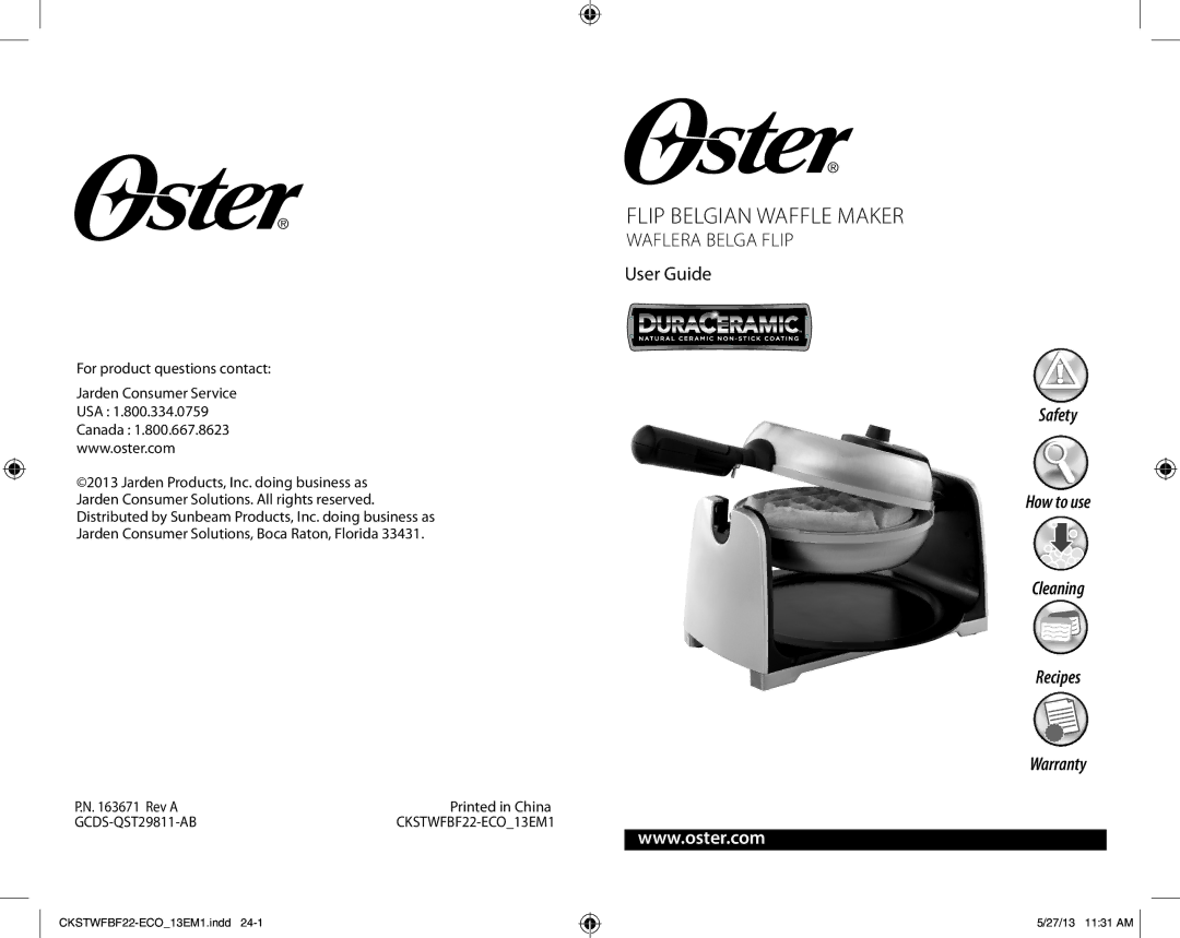 Oster CKSTWFBF22-ECO_13EM1, GCDS-QST29811-AB warranty Flip Belgian Waffle Maker 