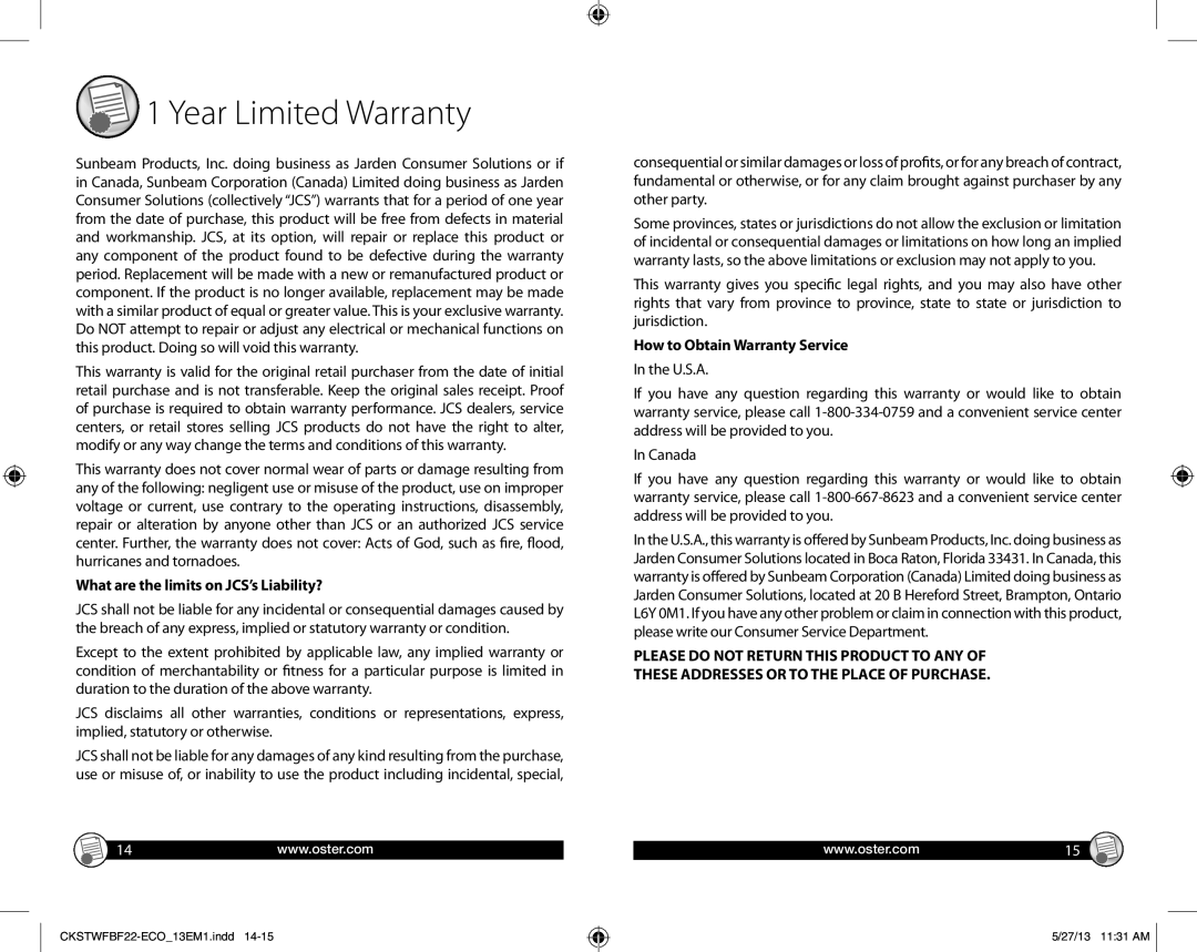 Oster GCDS-QST29811-AB, CKSTWFBF22-ECO_13EM1 What are the limits on JCS’s Liability?, How to Obtain Warranty Service 