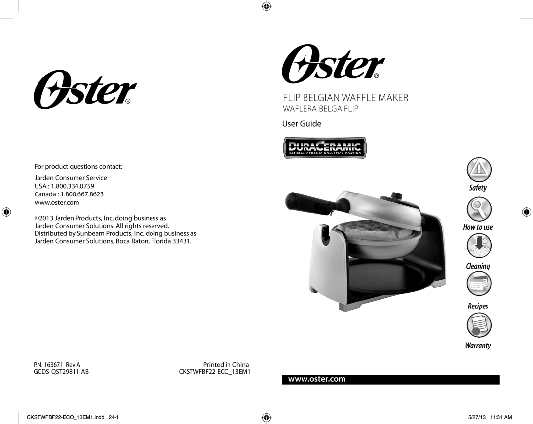 Oster CKSTWFBF22-ECO_13EM1 warranty Flip Belgian Waffle Maker, WAFLERA BELGA FLIP User Guide, CKSTWFBF22-ECO13EM1.indd 