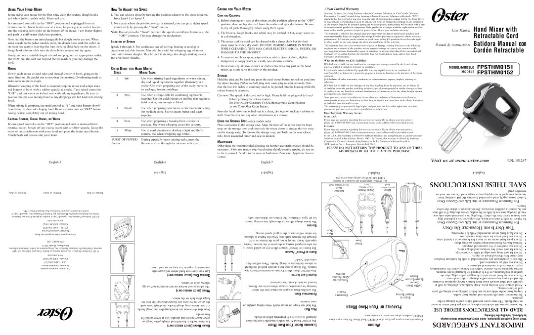 Oster Hand Mixer with Retractable Cord, 151247 user manual English-5, English-6, English-7 