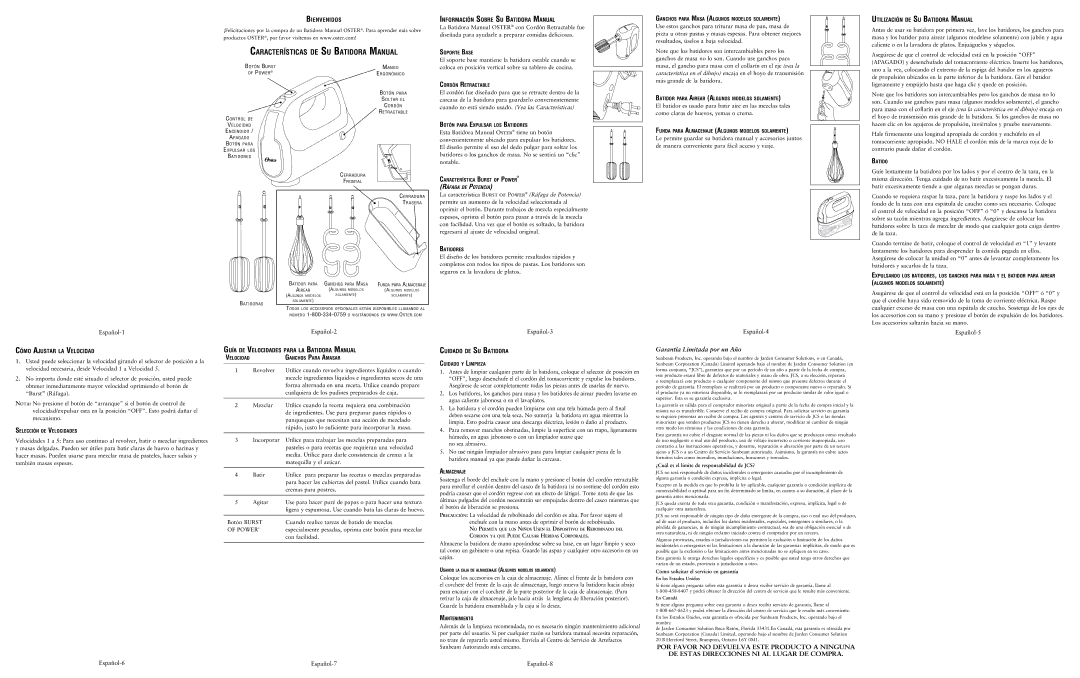 Oster 151247 user manual Español-1 Español-2 Español-3 Español-4 Español-5, Español-6, Español-7, Español-8 