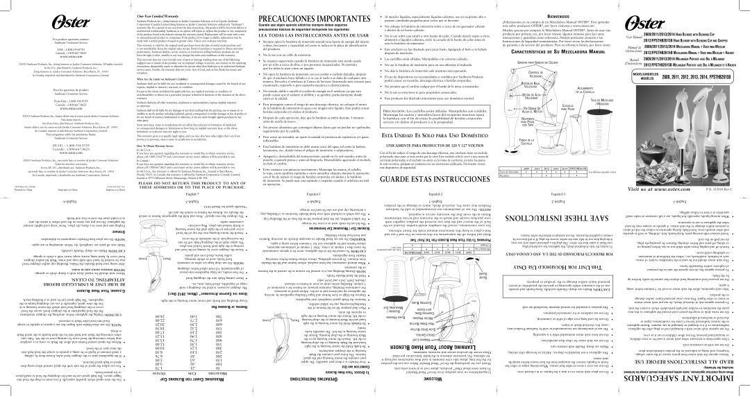 Oster FPSTHB2615B user manual LEA Todas LAS Instrucciones Antes DE Usar, Esta Unidad ES Sólo Para USO Doméstico, Nly 