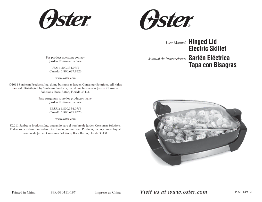 Oster Hinged Lid Electric Skillet, SPR-030411-197 user manual 