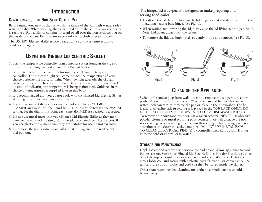 Oster user manual Introduction, Using the Hinged Lid Electric Skillet, Cleaning the Appliance, Storage and Maintenance 