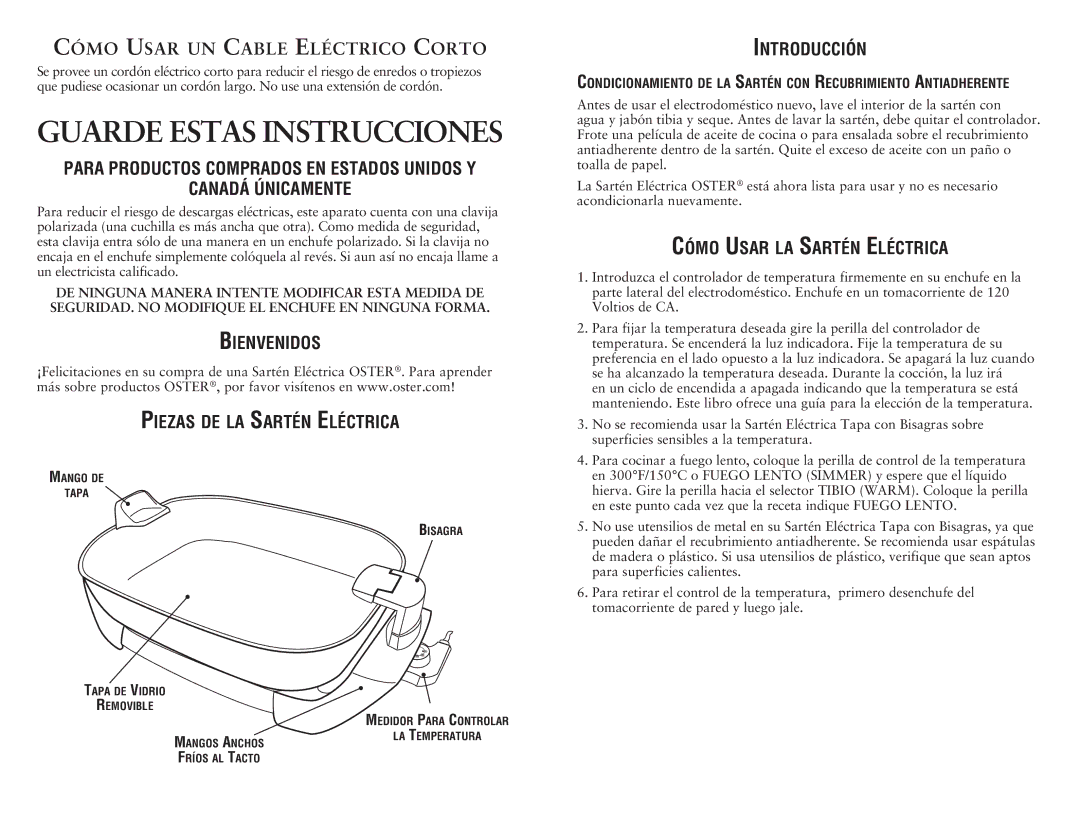 Oster SPR-030411-197 user manual Bienvenidos Piezas de la Sartén Eléctrica, Introducción, Cómo Usar la Sartén Eléctrica 