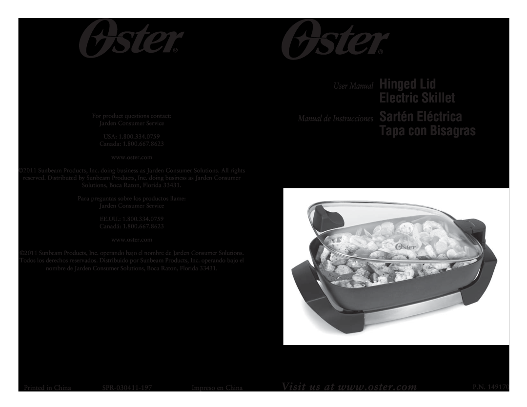 Oster Hinged Lid Electric Skillet user manual SPR-030411-197, Impreso en China, P.N, Sartén Eléctrica Tapa con Bisagras 