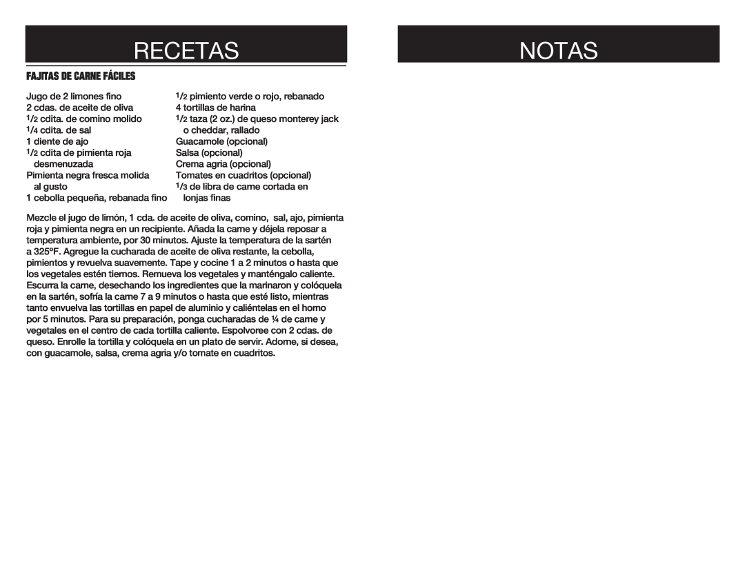 Oster SPR-030411-197, Hinged Lid Electric Skillet user manual Recetasnotas, Fajitas De Carne Fáciles 