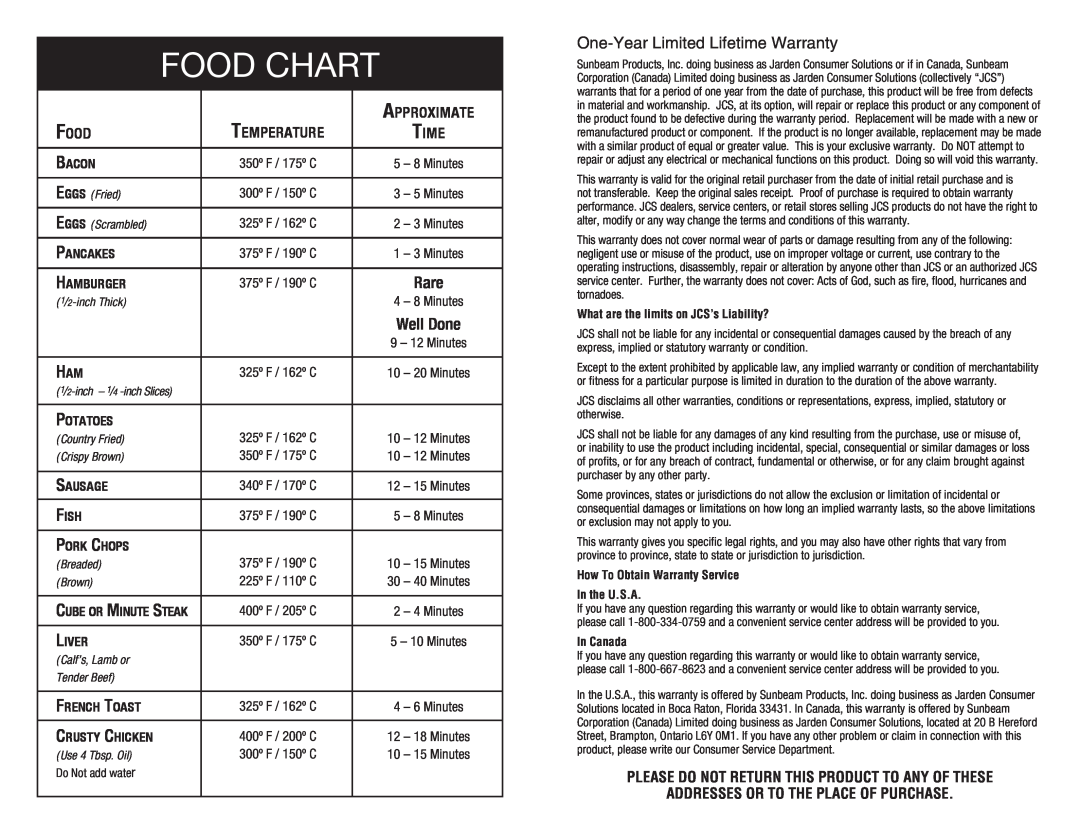 Oster SPR-030411-197, Hinged Lid Electric Skillet Food Chart, One-YearLimited Lifetime Warranty, Temperature, Approximate 
