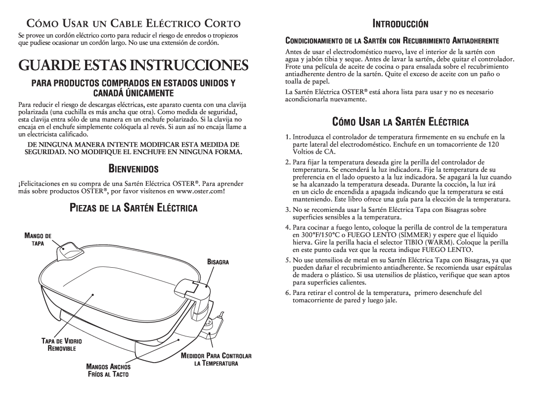 Oster SPR-030411-197 Guarde Estas Instrucciones, Cómo Usar un Cable Eléctrico Corto, Canadá Únicamente, Bienvenidos 