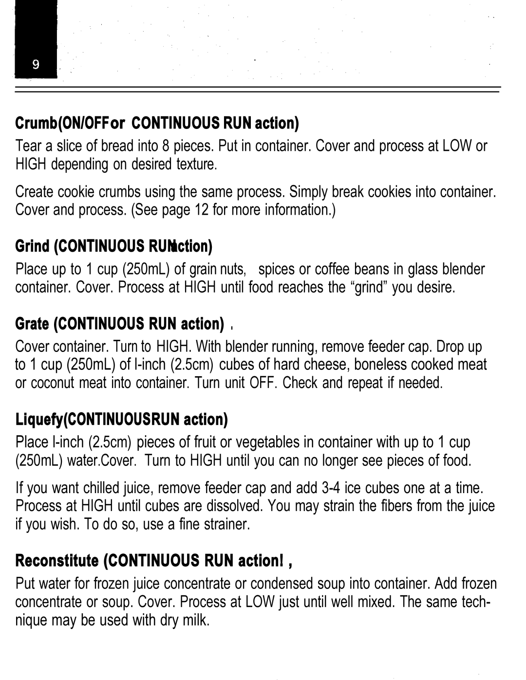 Oster IZER BLENDER/LIQUEFIER manual CrumbON/OFFor Continuous RUN action 