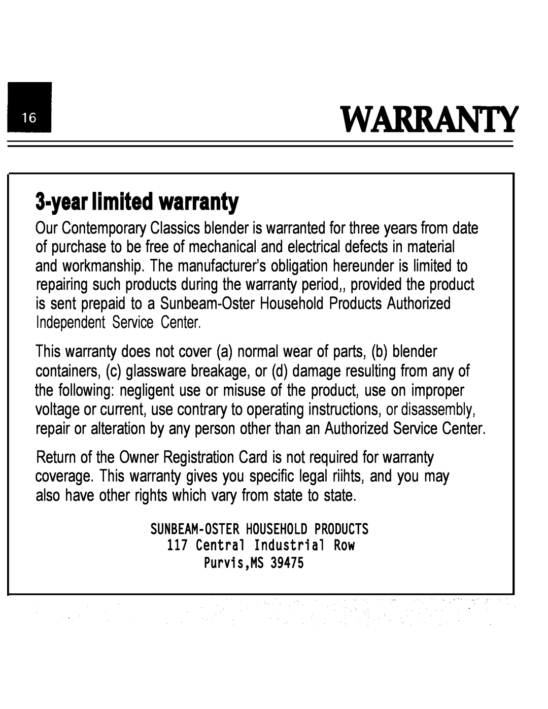 Oster IZER BLENDER/LIQUEFIER manual Warranty, yearlimited warranty 