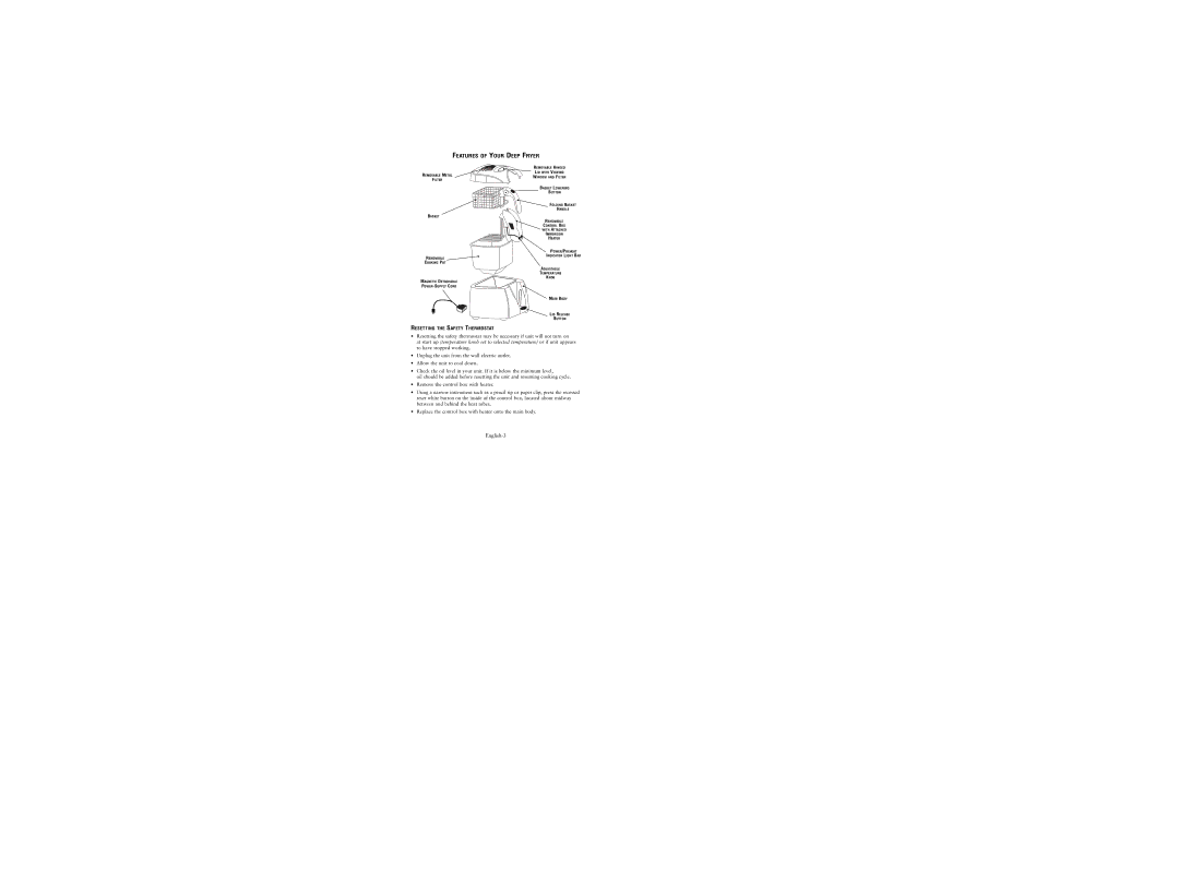 Oster ODF550 user manual English-3, Resetting the Safety Thermostat 