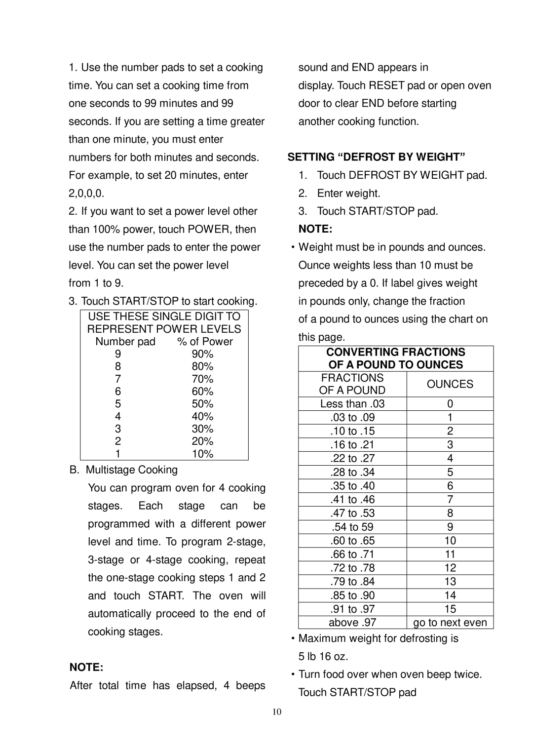 Oster OMW1480 owner manual Setting Defrost by Weight, Converting Fractions A Pound to Ounces 