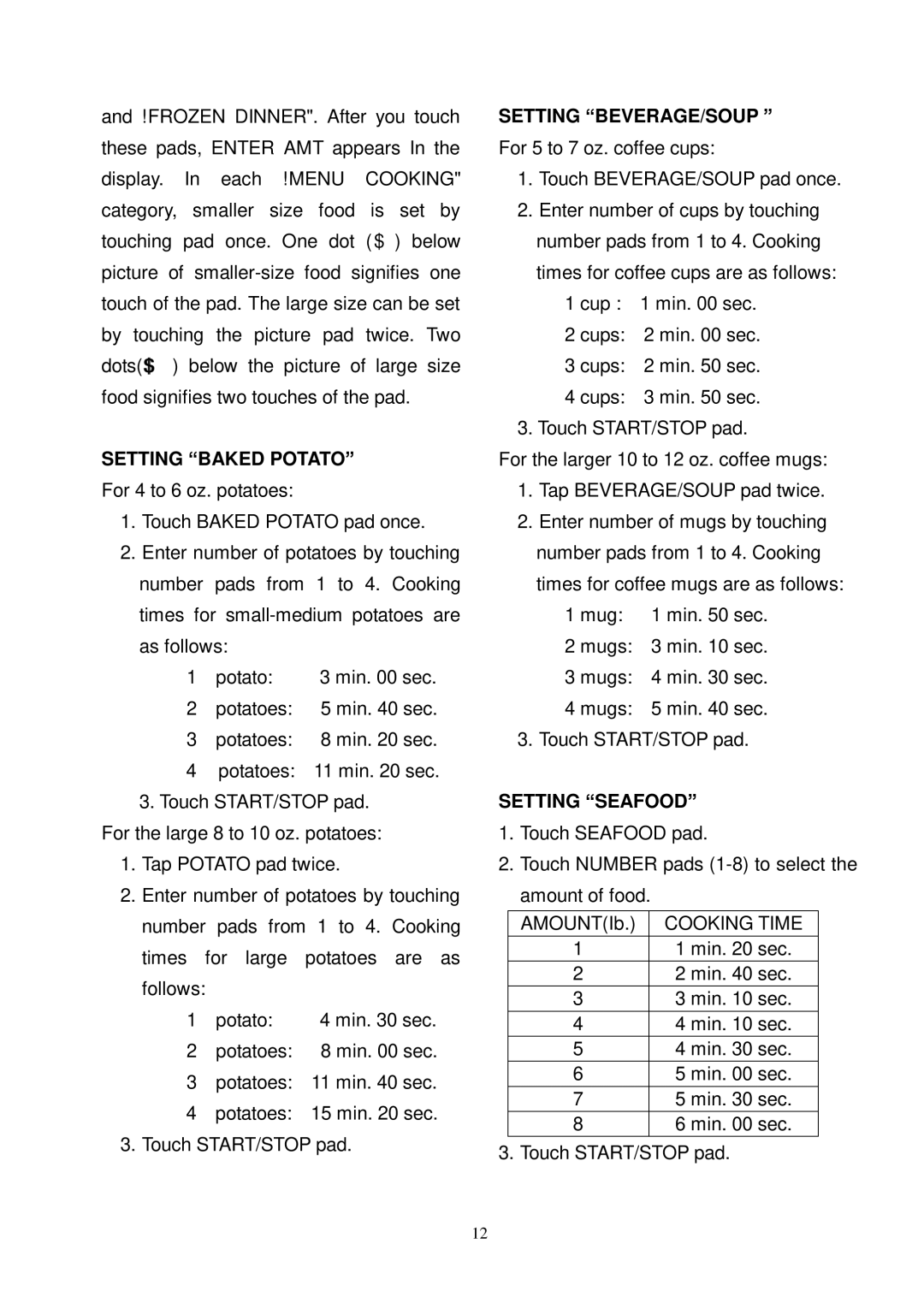 Oster OMW1480 owner manual Setting Baked Potato, Setting BEVERAGE/SOUP, Setting Seafood 