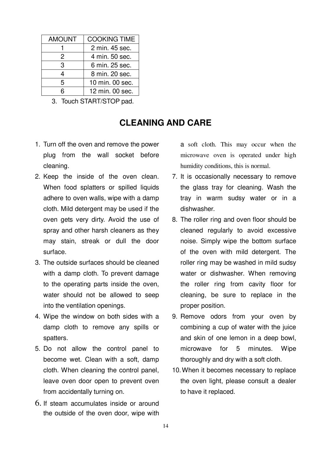 Oster OMW1480 owner manual Cleaning and Care 