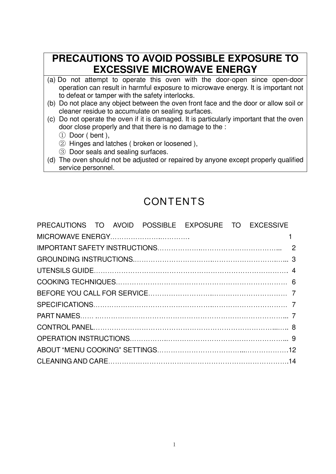 Oster OMW1480 owner manual Contents 