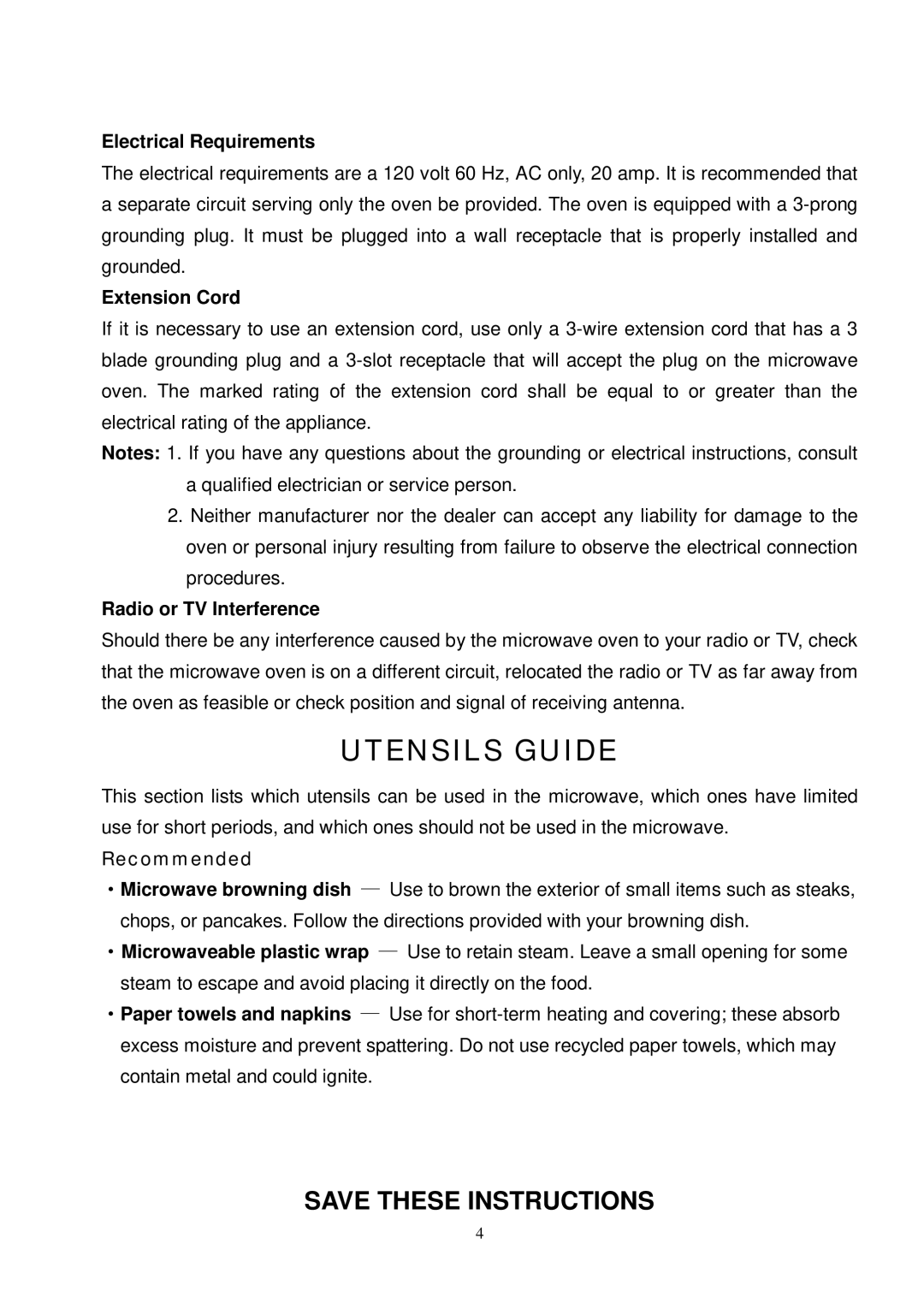 Oster OMW1480 owner manual Utensils Guide, Electrical Requirements 