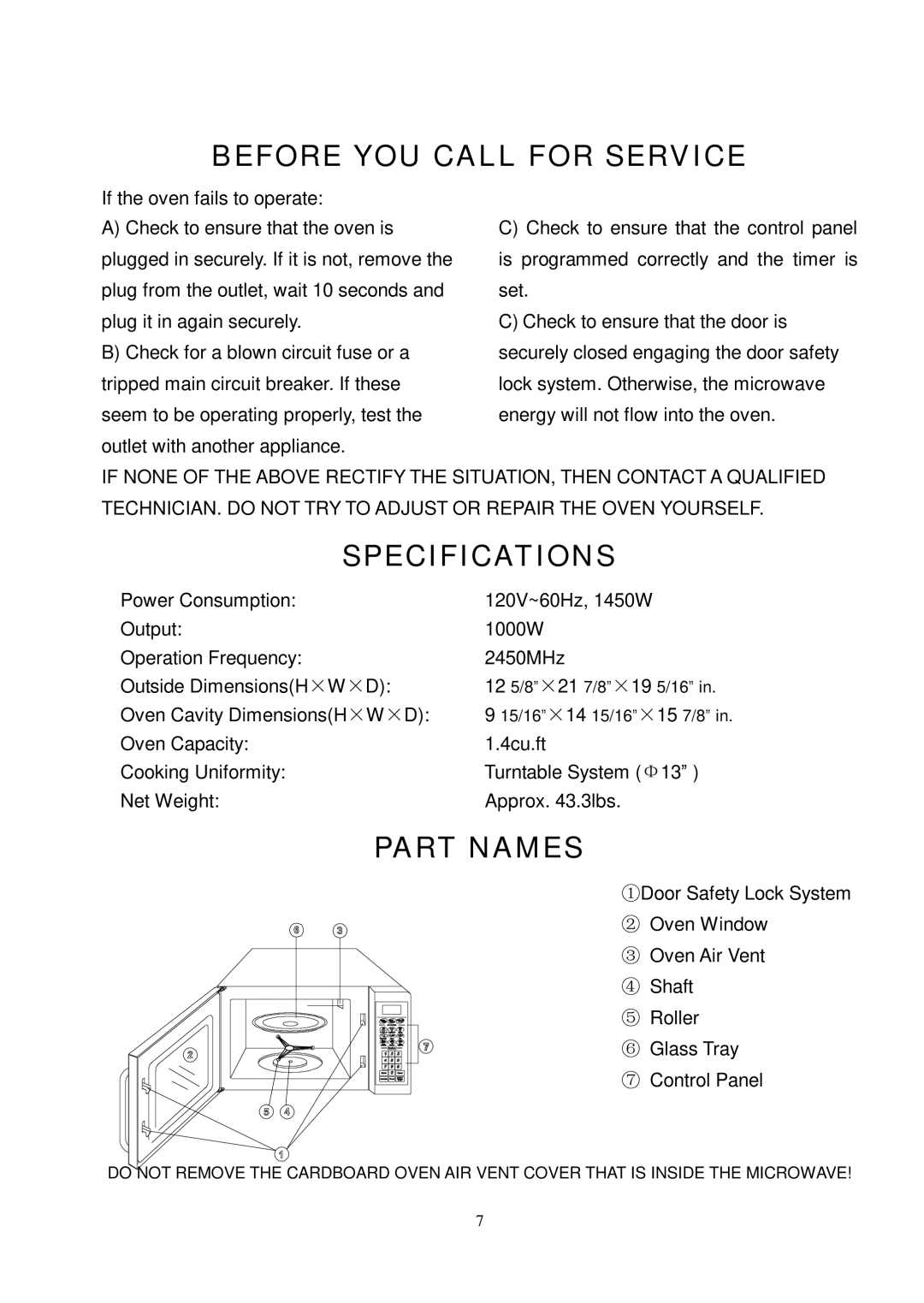 Oster OMW1480 owner manual Before YOU Call for Service, Specifications, Part Names 