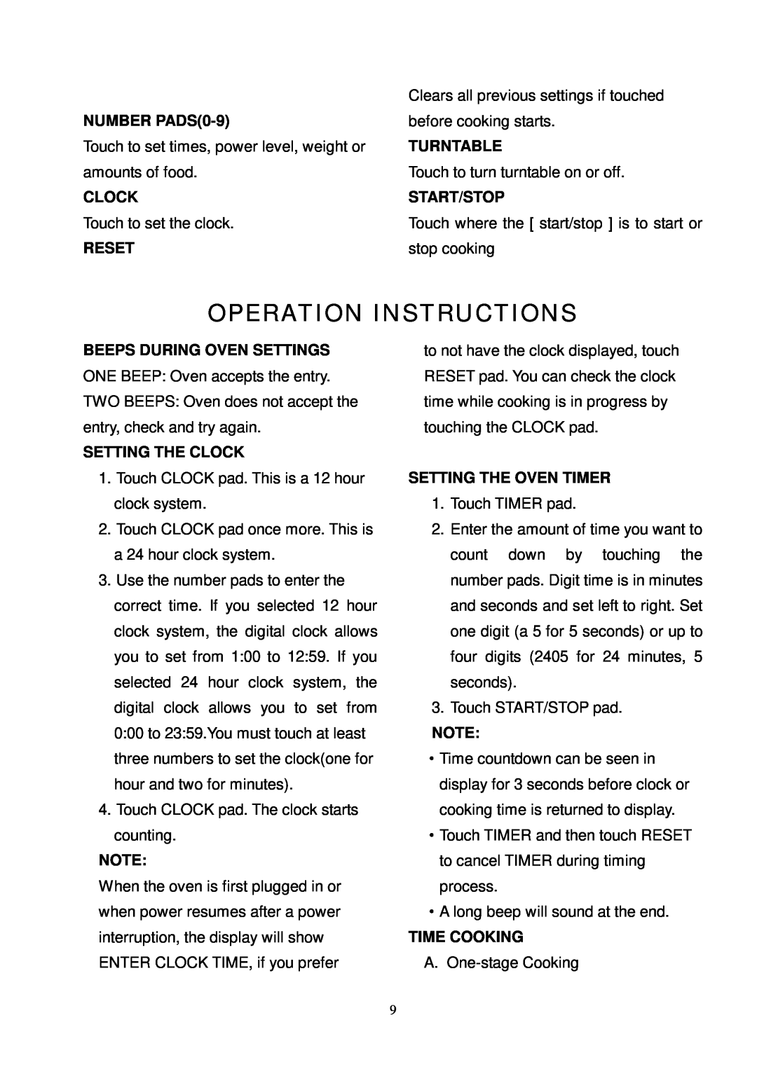 Oster OMW1480 Operation Instructions, NUMBER PADS0-9, Clock, Reset, Turntable, Start/Stop, Beeps During Oven Settings 