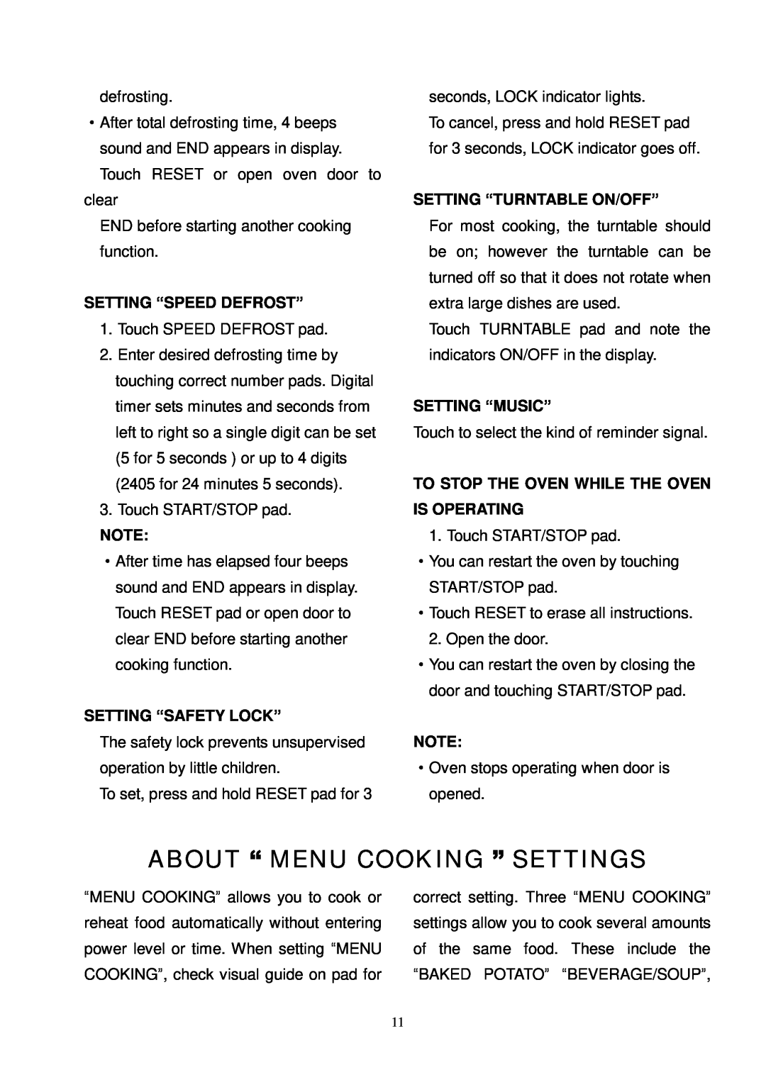 Oster OMW1480 About “ Menu Cooking ” Settings, Setting “Speed Defrost”, Setting “Safety Lock”, Setting “Turntable On/Off” 