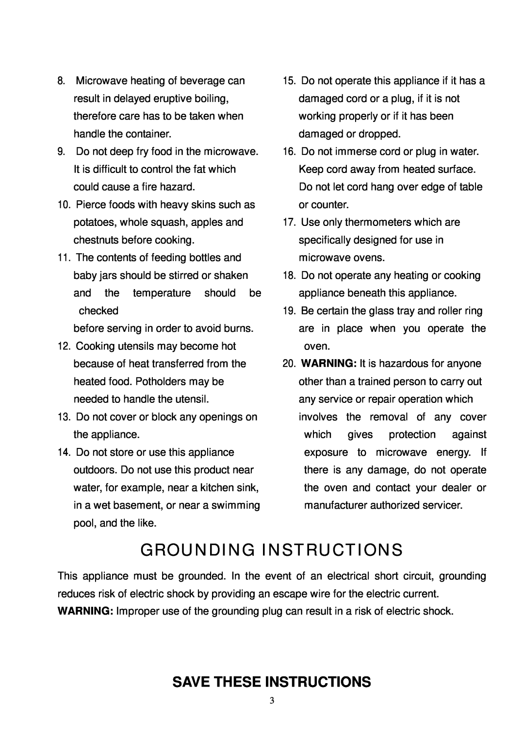 Oster OMW1480 owner manual Grounding Instructions, Save These Instructions 