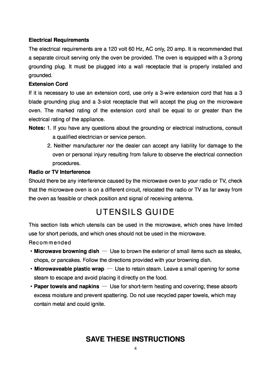 Oster OMW1480 owner manual Utensils Guide, Electrical Requirements, Extension Cord, Radio or TV Interference, Recommended 