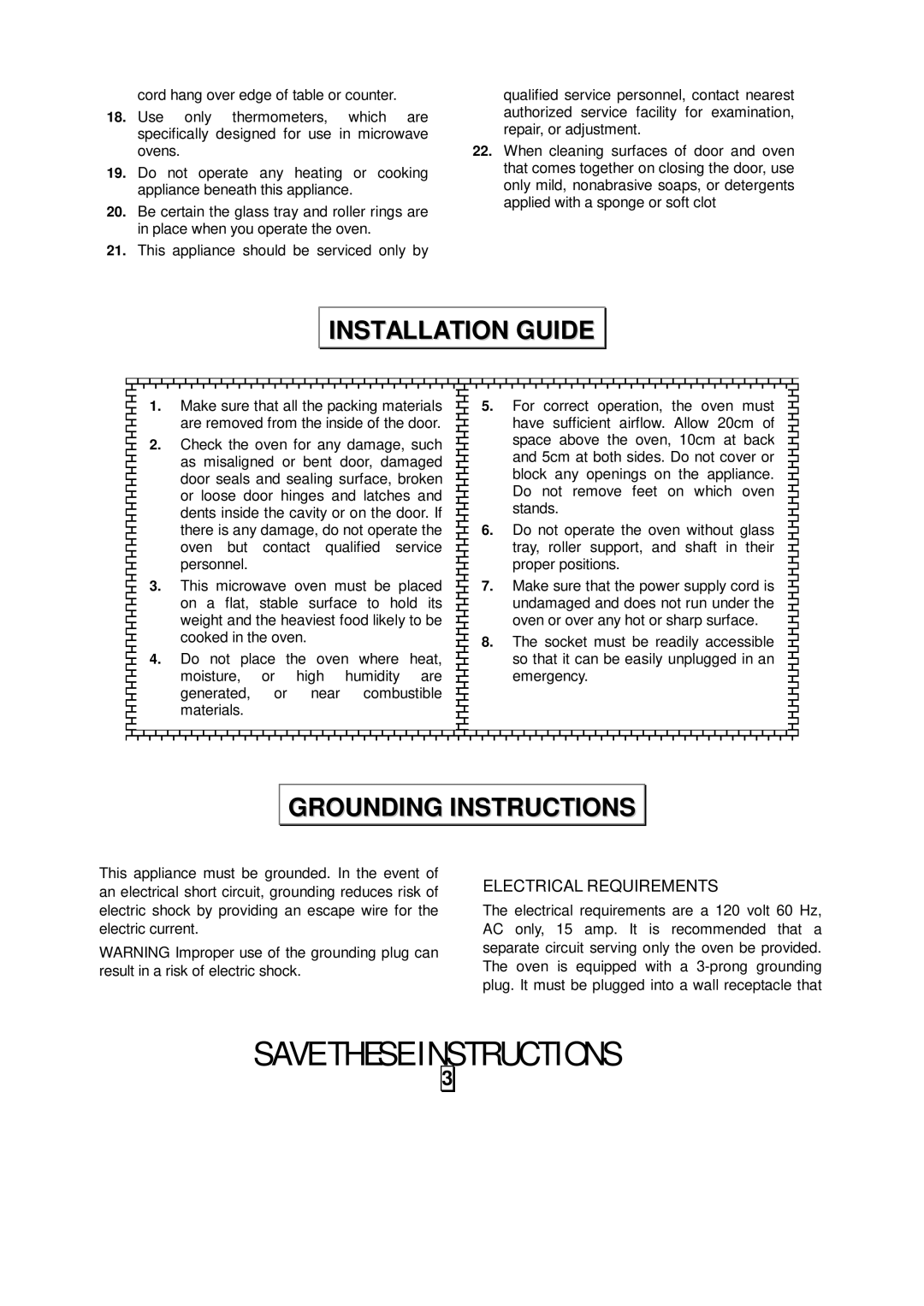 Oster OMW991 owner manual Installation Guide, Grounding Instructions 