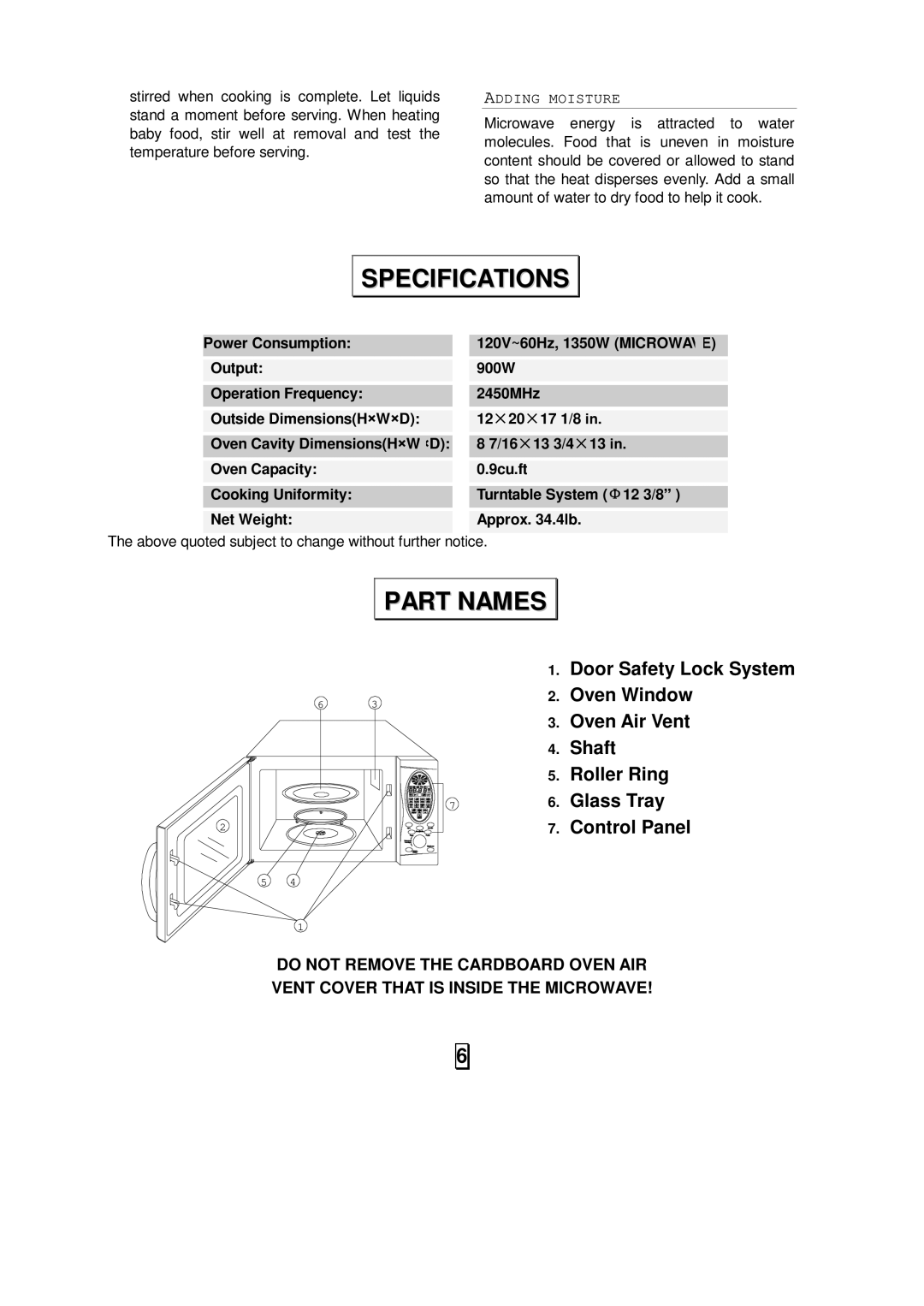 Oster OMW991 owner manual Specifications, Part Names 