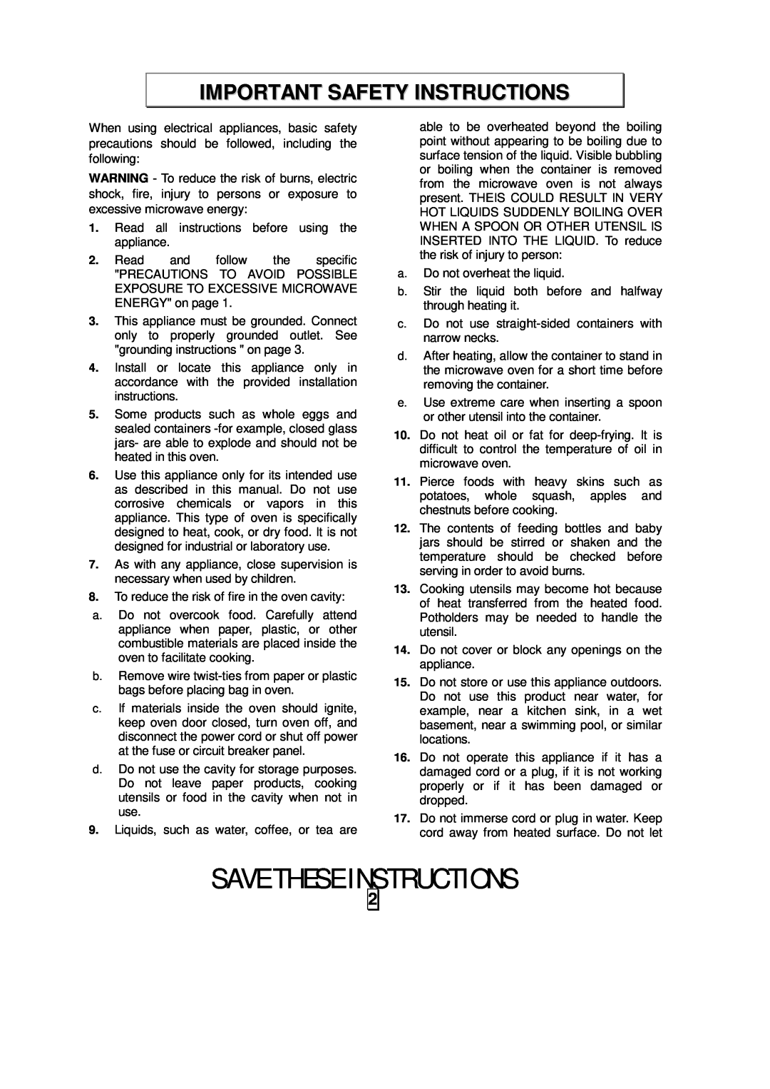 Oster OMW991 owner manual Save These Instructions, Important Safety Instructions 
