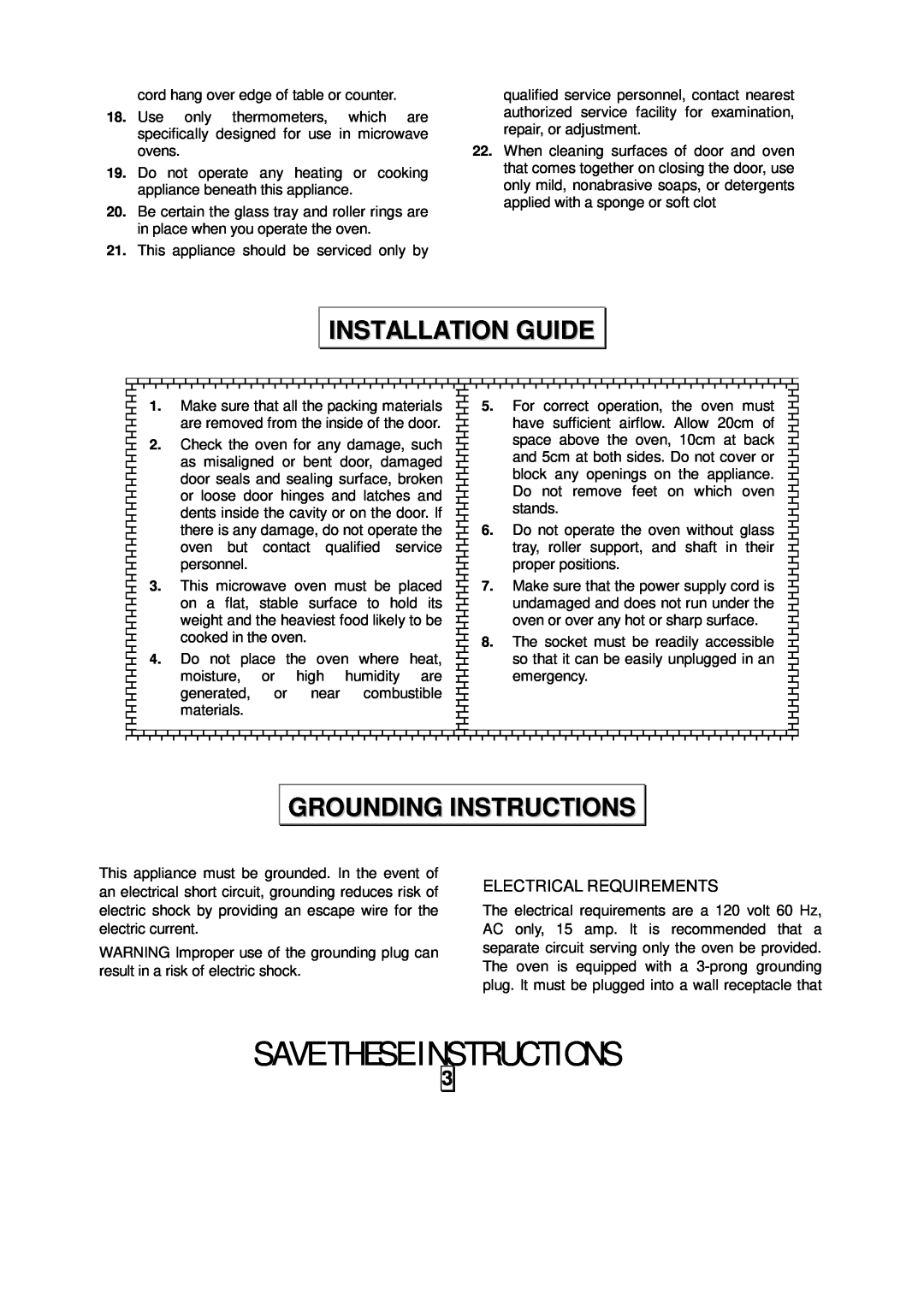 Oster OMW991 owner manual Installation Guide, Grounding Instructions, Save These Instructions, Electrical Requirements 