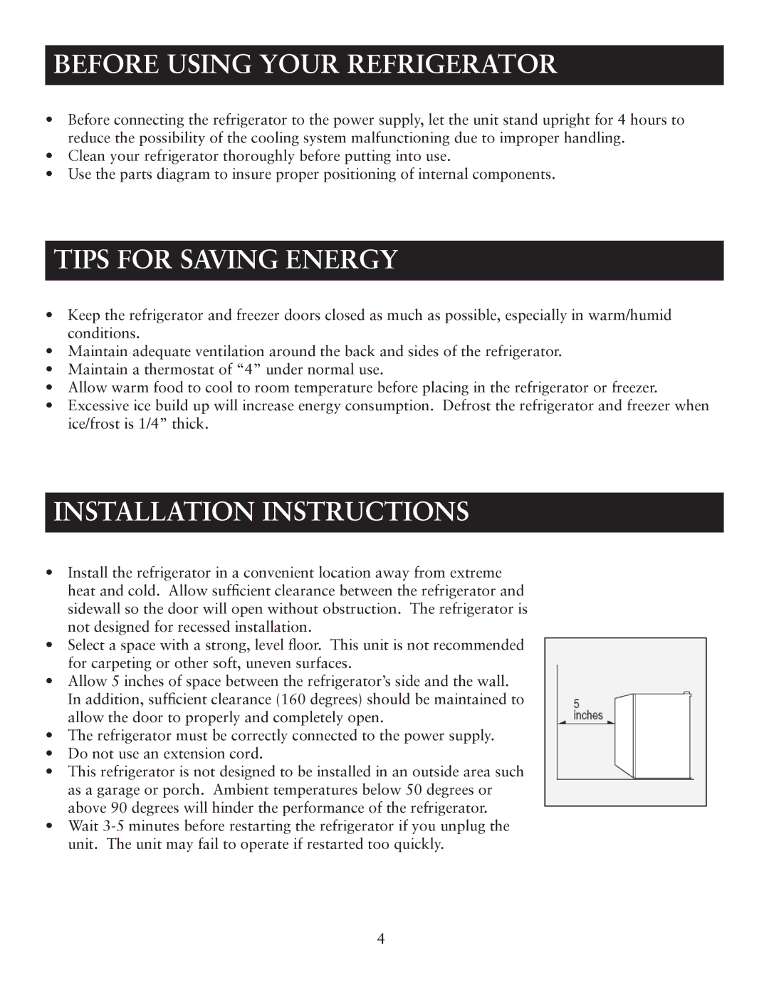 Oster OR03SCGBS user manual Before Using Your Refrigerator, Tips for Saving Energy, Installation Instructions 