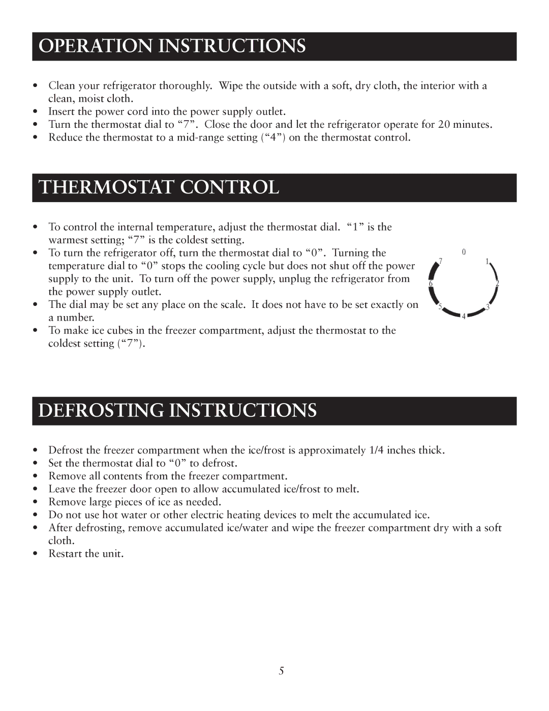 Oster OR03SCGBS user manual Operation Instructions, Thermostat Control, Defrosting Instructions 