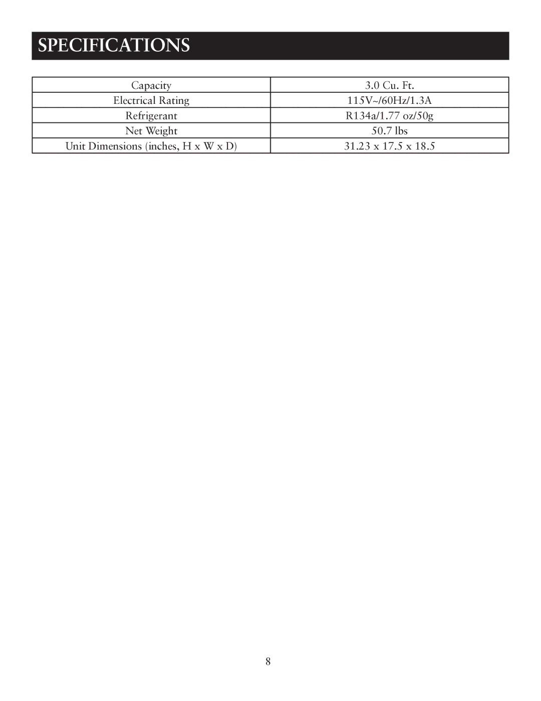 Oster OR03SCGBS user manual Specifications 