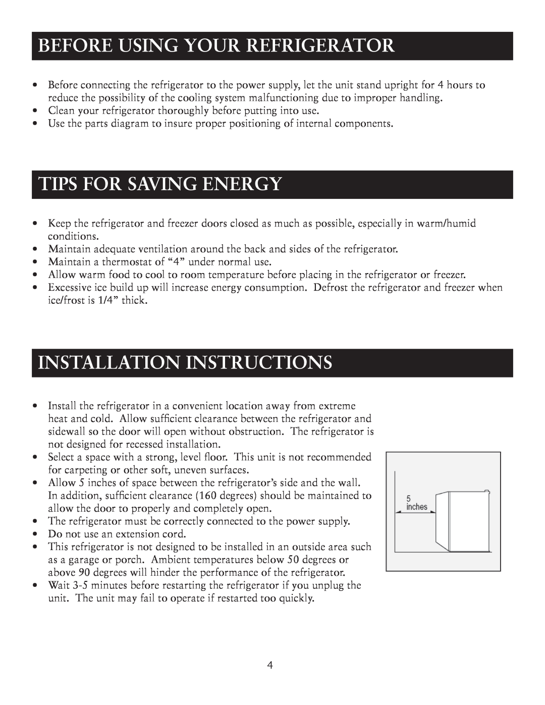 Oster OR03SCGBS user manual Before Using Your Refrigerator, Tips For Saving Energy, Installation Instructions 