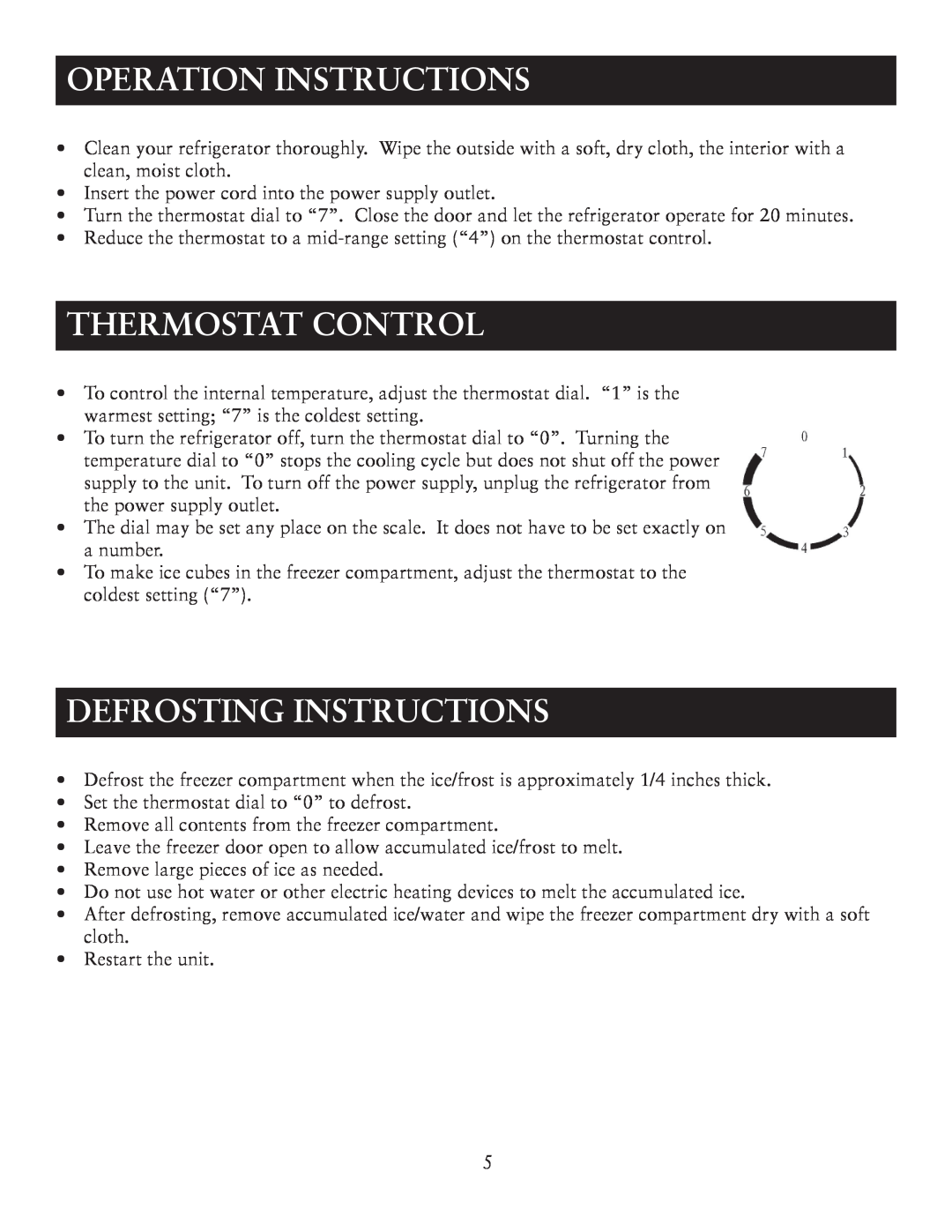 Oster OR03SCGBS user manual Operation Instructions, Thermostat Control, Defrosting Instructions 