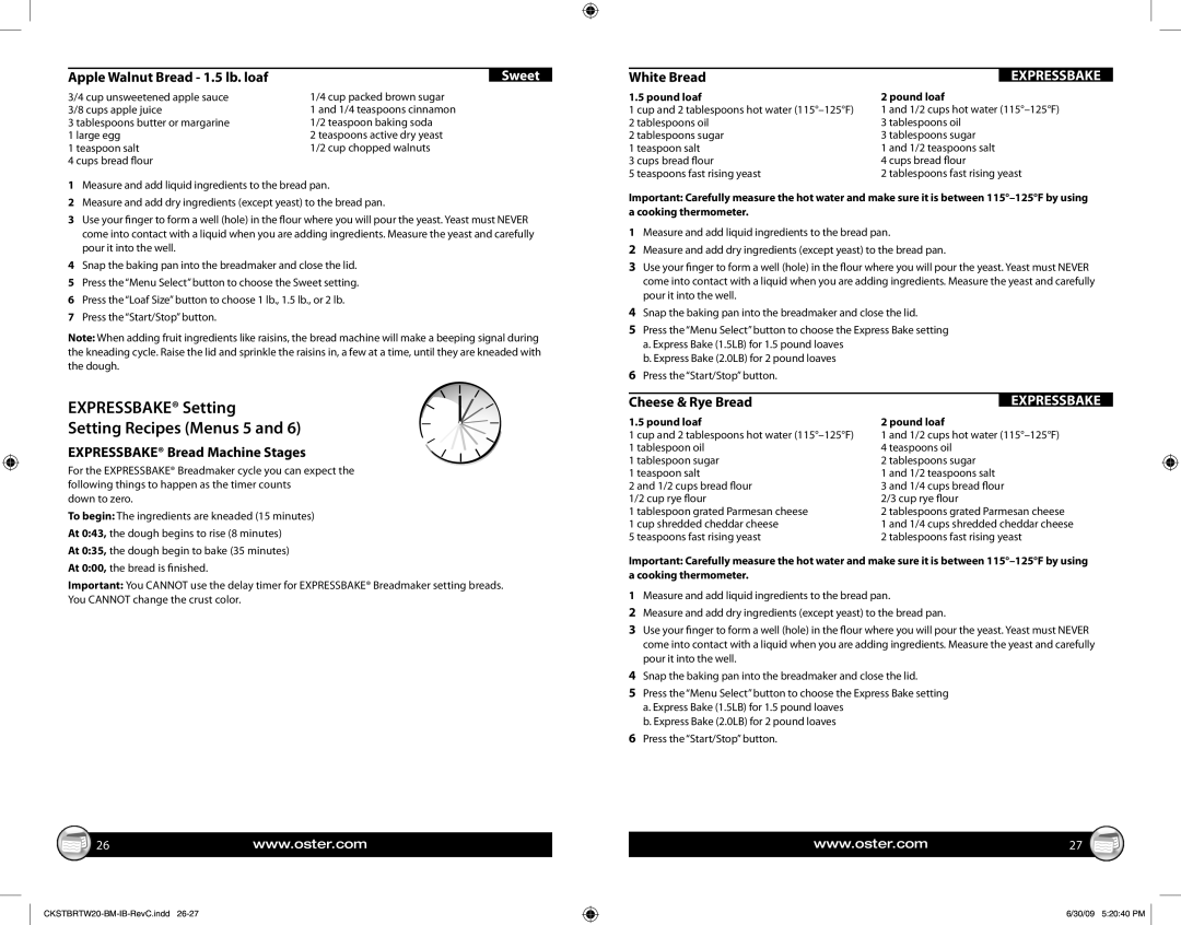 Oster 133700 Expressbake Setting Setting Recipes Menus 5, Apple Walnut Bread 1.5 lb. loaf, White Bread, Cheese & Rye Bread 