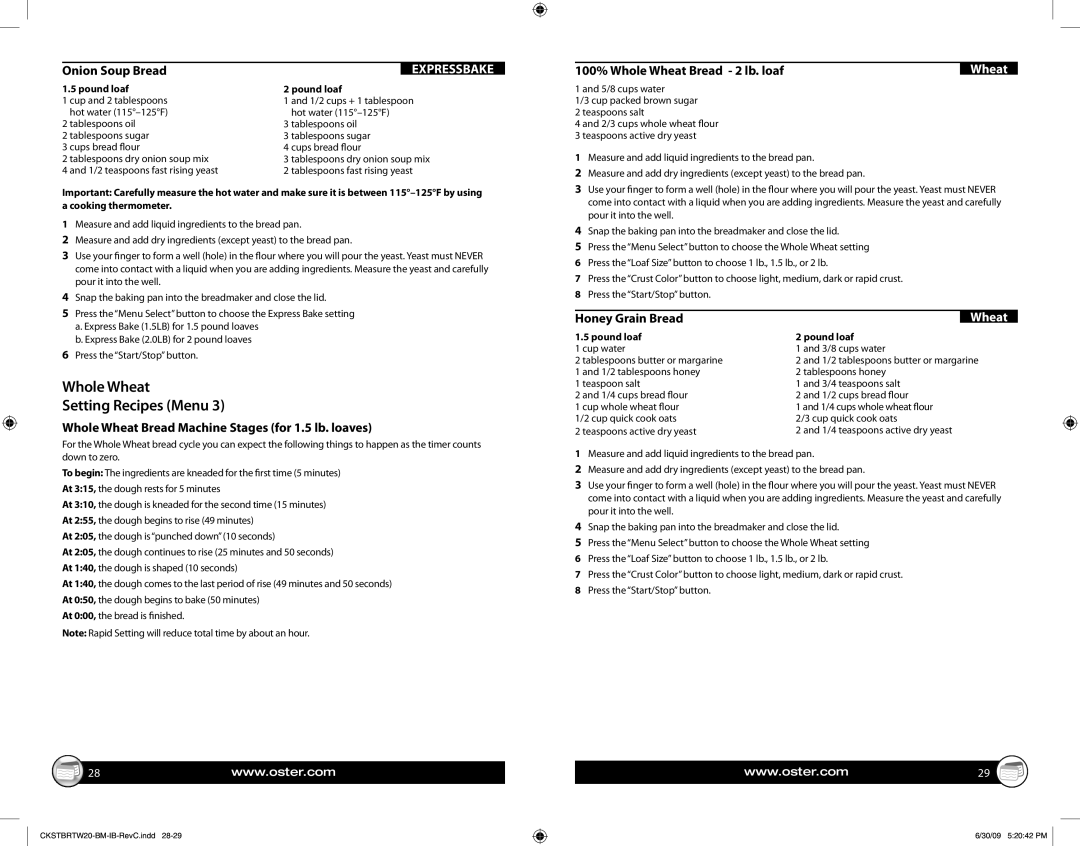 Oster Oster 2lb. Expressbake Breadmaker, 133700 warranty Whole Wheat Setting Recipes Menu 