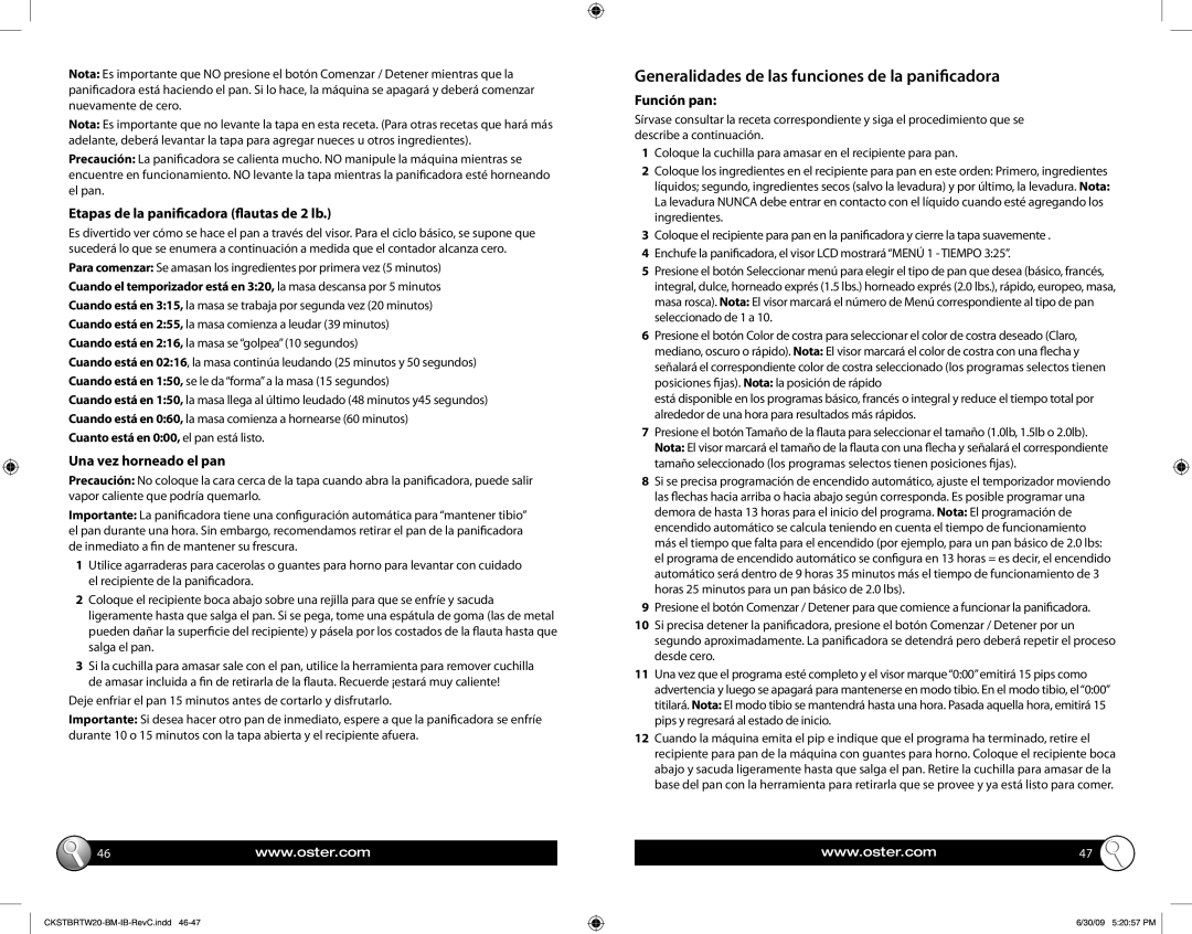 Oster 133700 Generalidades de las funciones de la panificadora, Etapas de la panificadora flautas de 2 lb, Función pan 