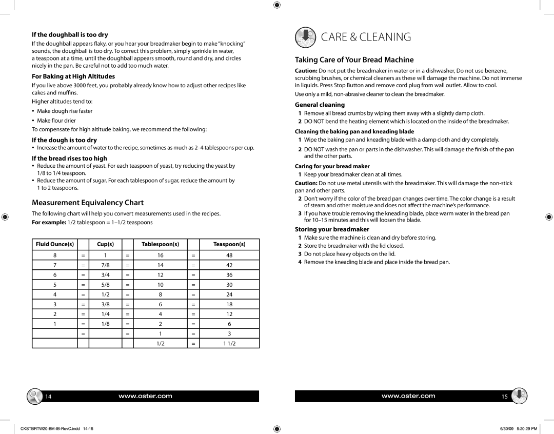 Oster 133700 warranty Care & Cleaning, Measurement Equivalency Chart, Taking Care of Your Bread Machine 