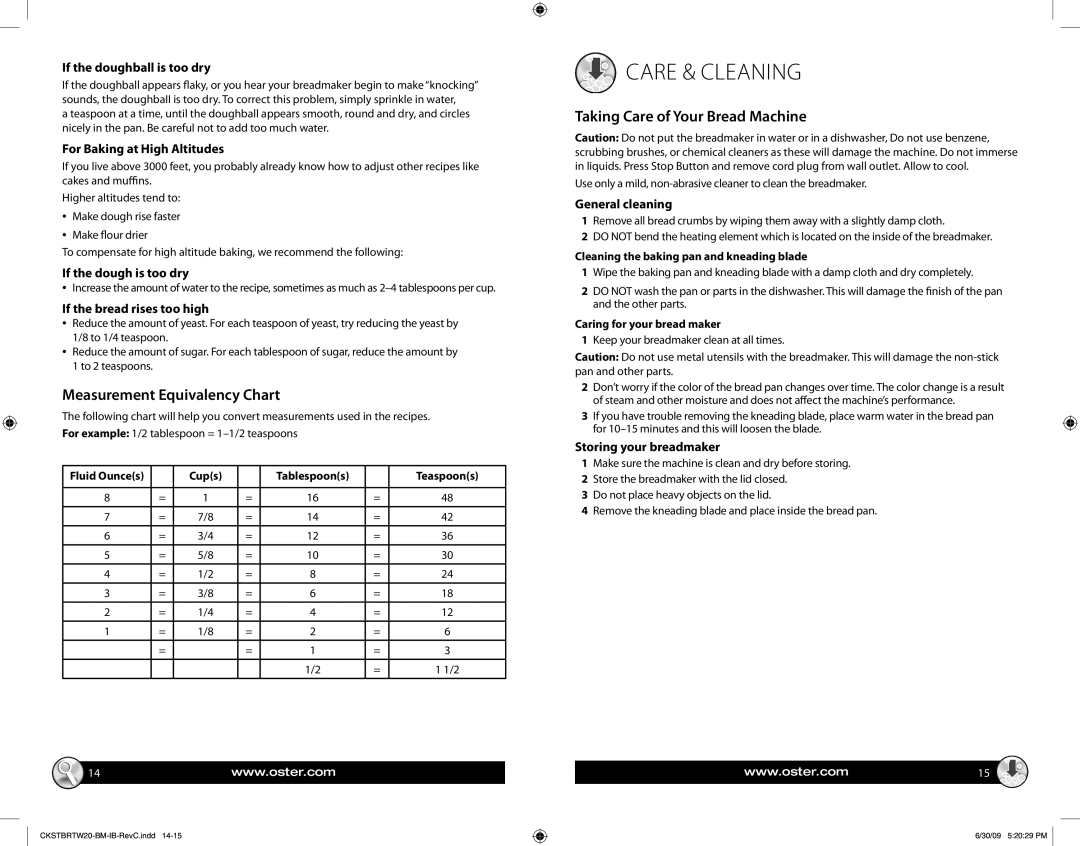 Oster 133700 Care & Cleaning, Measurement Equivalency Chart, Taking Care of Your Bread Machine, If the dough is too dry 