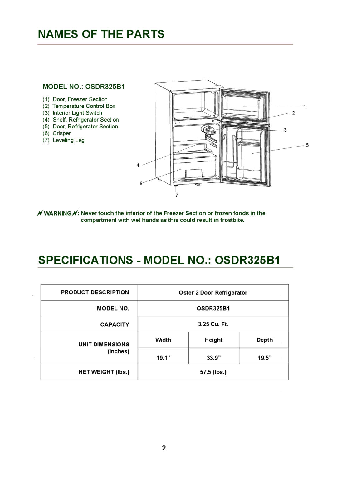 Oster Oster 3.25 CU. FT. Refrigerator instruction manual Names of the Parts, Specifications Model NO. OSDR325B1 