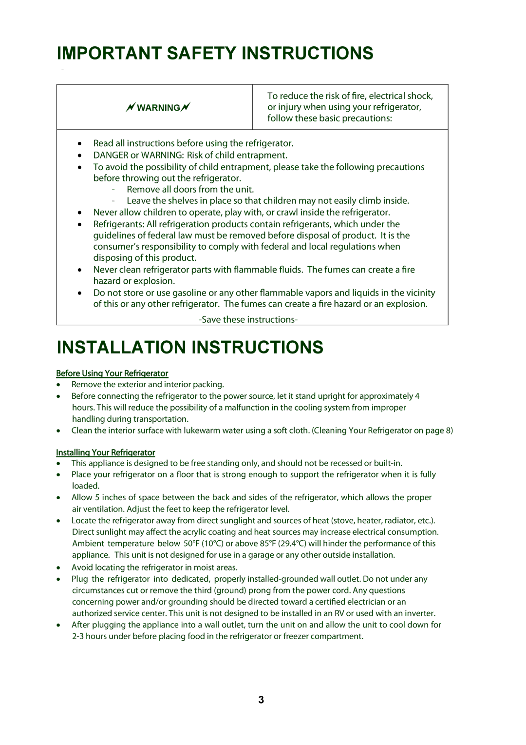 Oster OSDR325B1 instruction manual Important Safety Instructions, Installation Instructions, Before Using Your Refrigerator 